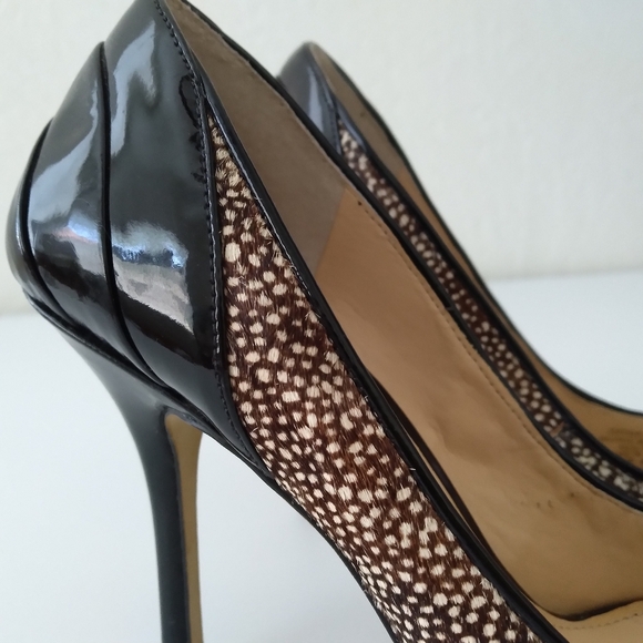 Enzo Angiolini Black Patent Leather and Speckled Brown & Tan Calf Hair Heels - Picture 1 of 15